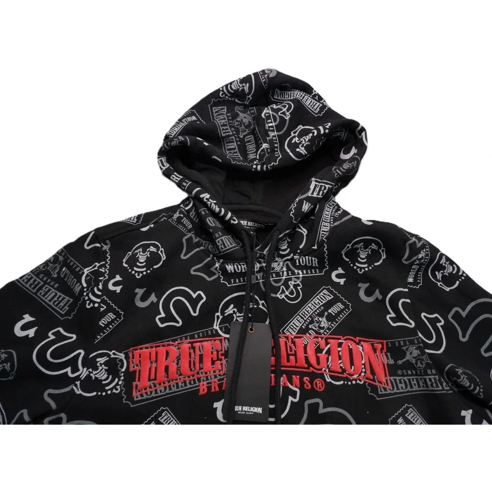 NWT True Religion Ticket Hoodie Men S Black AOP Pullover Graphic Streetwear Logo